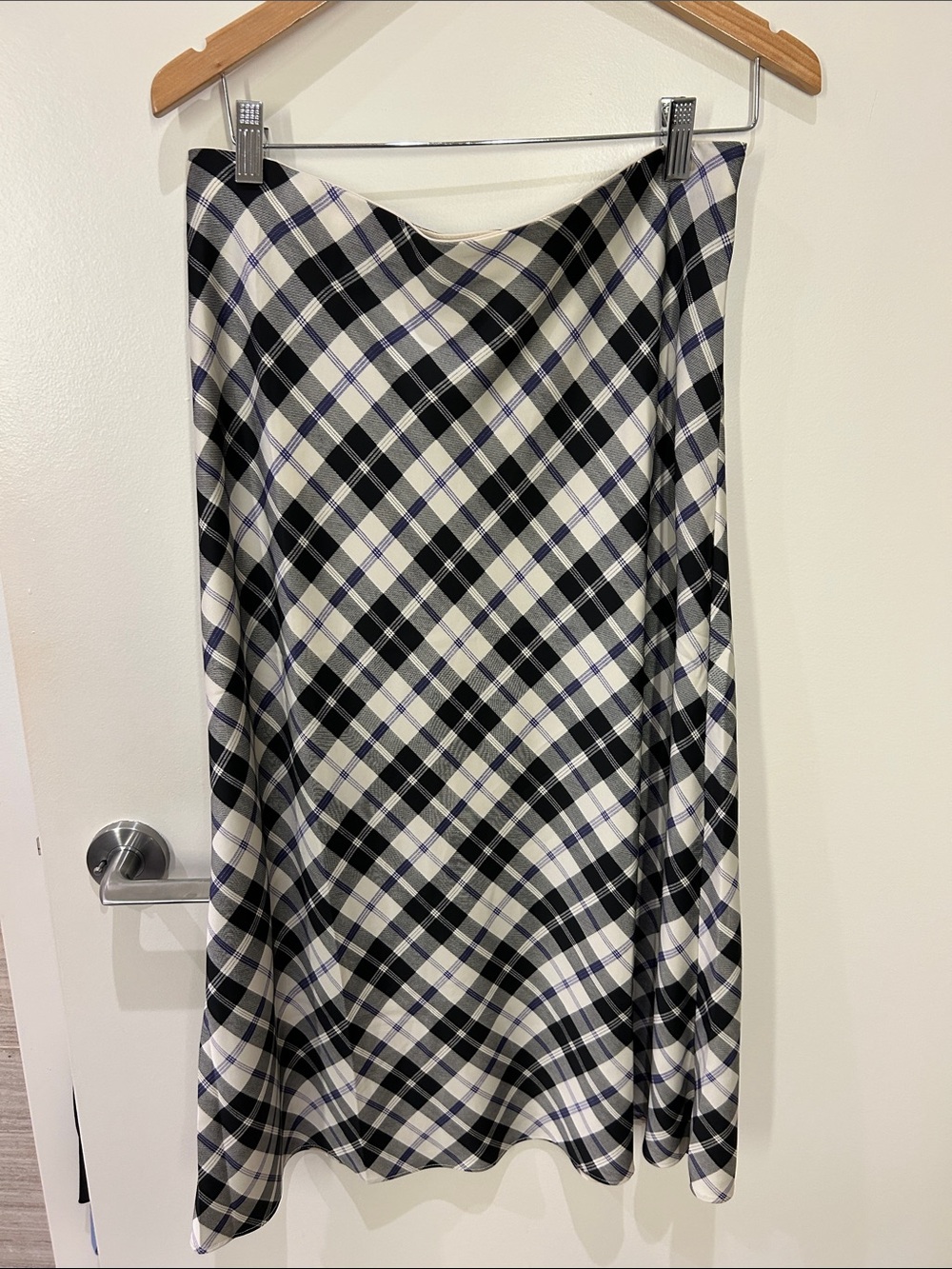 J. Crew Black, White and Navy Plaid Midi Skirt